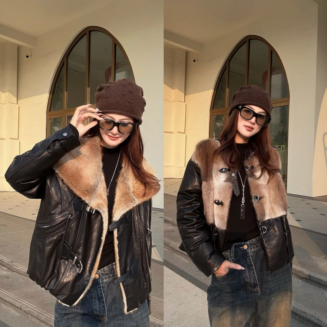 【MiDuo甄选2025水貂毛领牛皮羽绒】爆款女装真皮外套女显瘦洋气