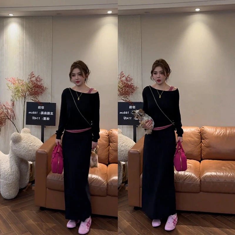 2025秋季新款设计感一整套时尚百搭露肩上衣女休闲半身裙两件套装