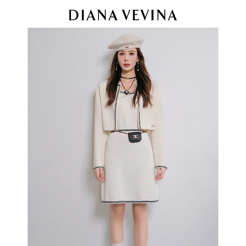 DIANA VEVINA 新款女白色链条边连衣裙