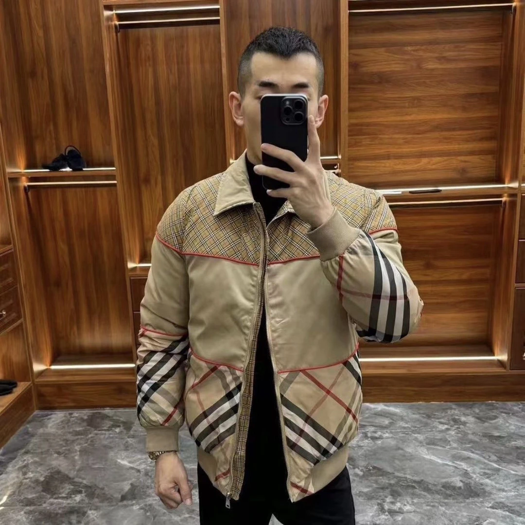格纹拼接拉链翻领长袖驼色夹克棉服时尚休闲外套