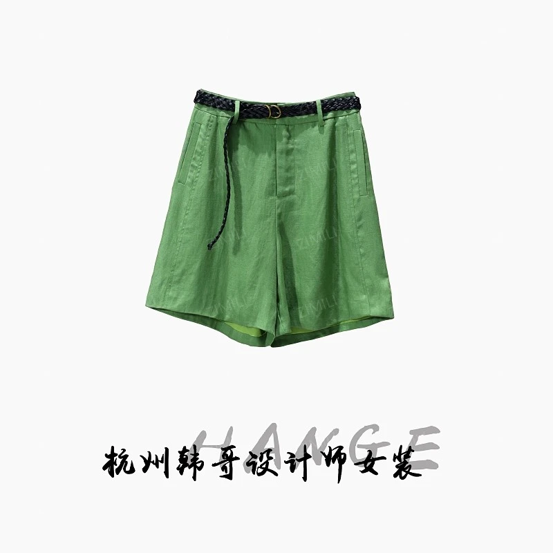 【韩哥女装】2025夏季设计师系列草绿色高腰A字休闲短裤短裤9538
