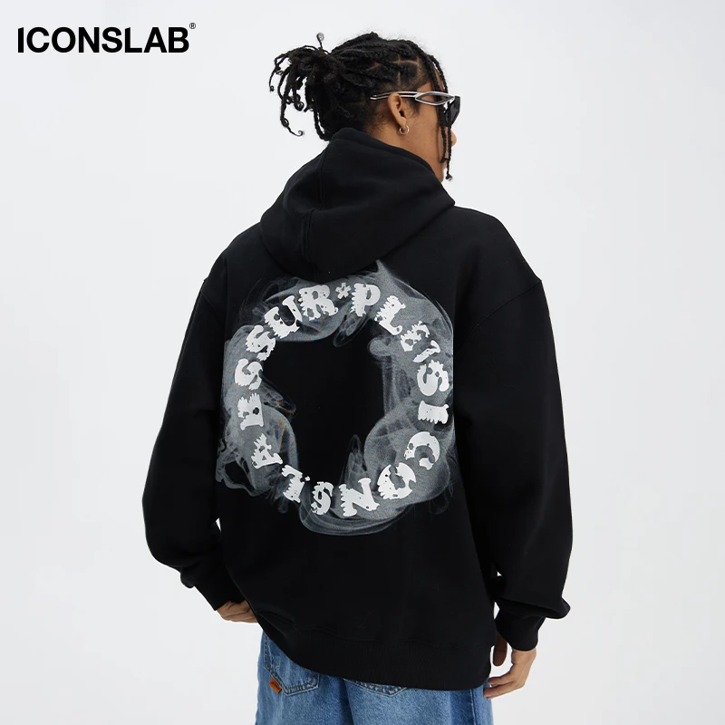 iconslab秋装新款烟雾圈星连帽卫衣设计感小众宽松情侣连帽衫国潮