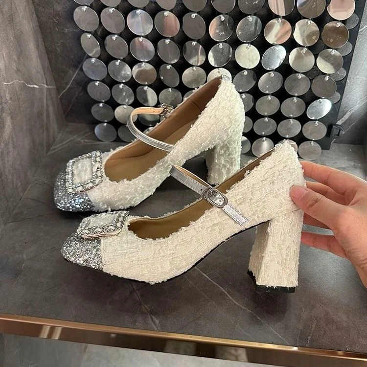 女法式浅口一字带高跟鞋粗跟单鞋小香风水钻方2025年春秋季新款