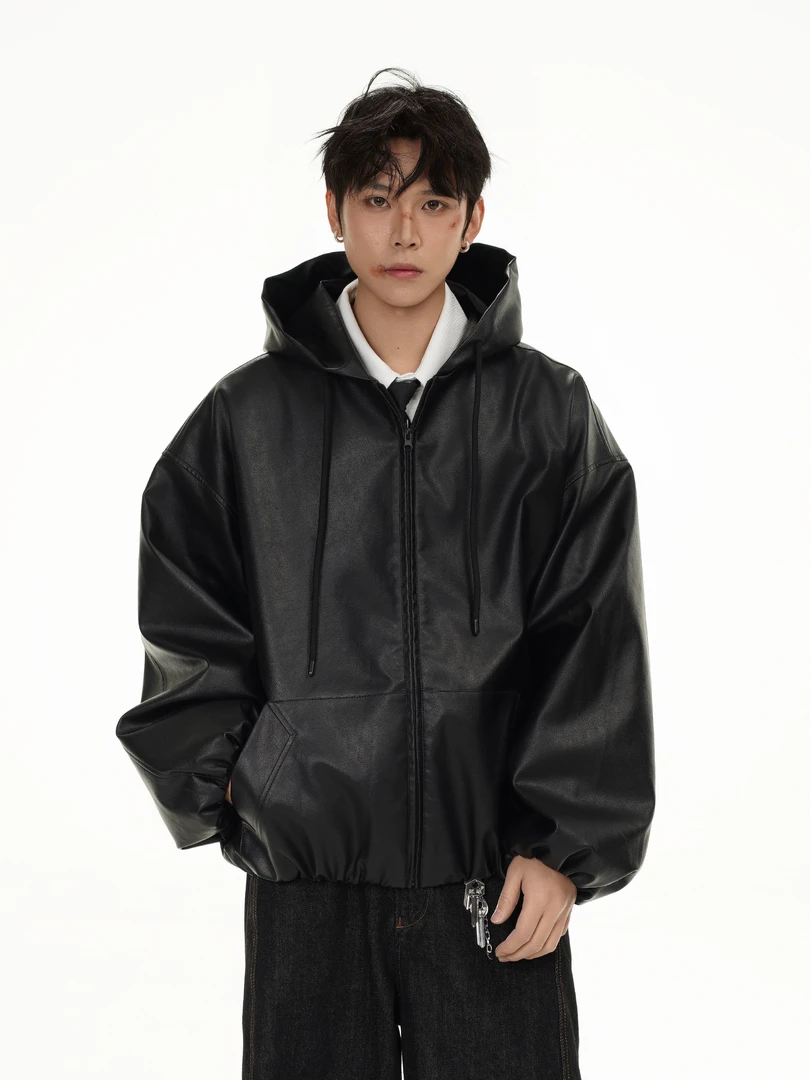 陈浩白·春季新款高级感宽松连帽夹克皮衣外套