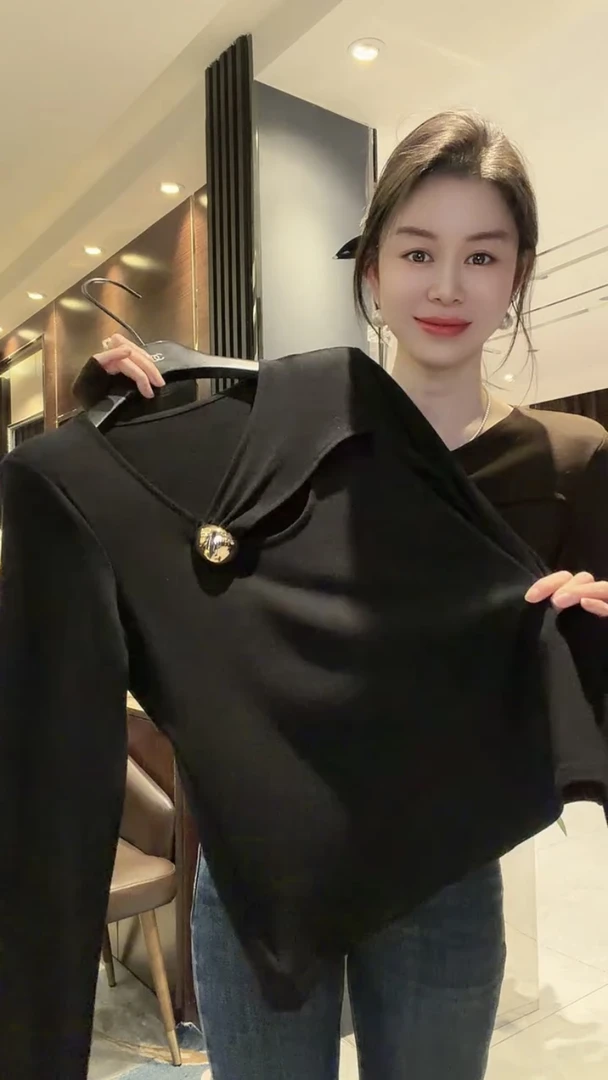 镂空飘带斜肩喇叭长袖t恤女秋季设计感修身显瘦内搭打底上衣