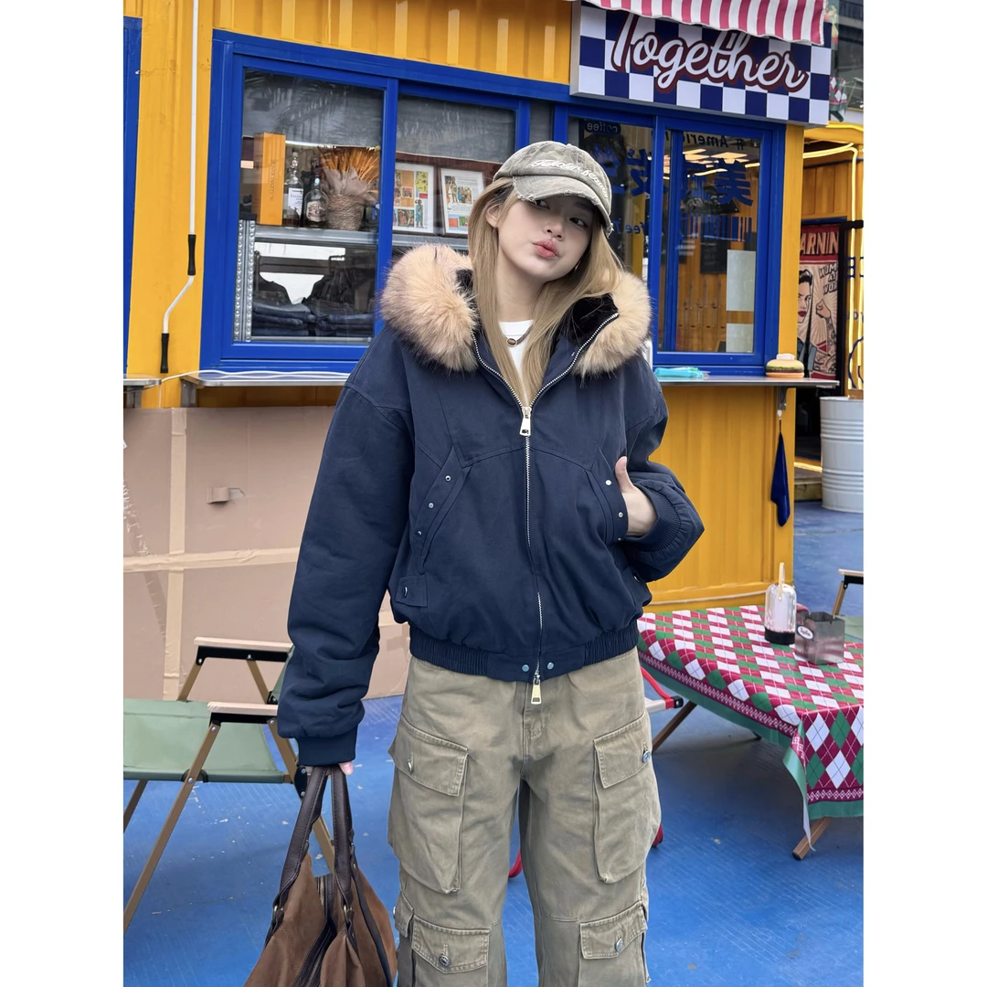 XFX 美式复古宽松毛领保暖棉服外套女冬季休闲夹棉连帽设计感棉衣