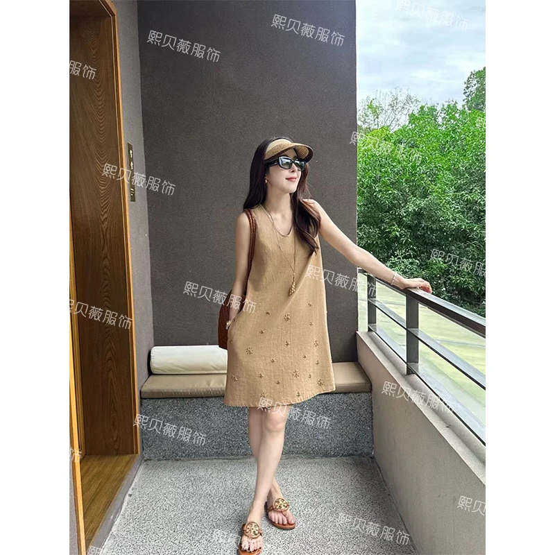 熙贝薇3 【摩洛哥苎麻裙】重工钉珠V领夏季新款慵懒感连衣裙 G7992