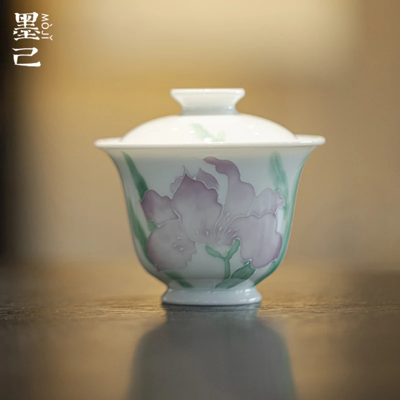 墨己玉泥白瓷手绘鸢尾花陶瓷盖碗家用功夫茶具有田烧彩绘泡茶碗