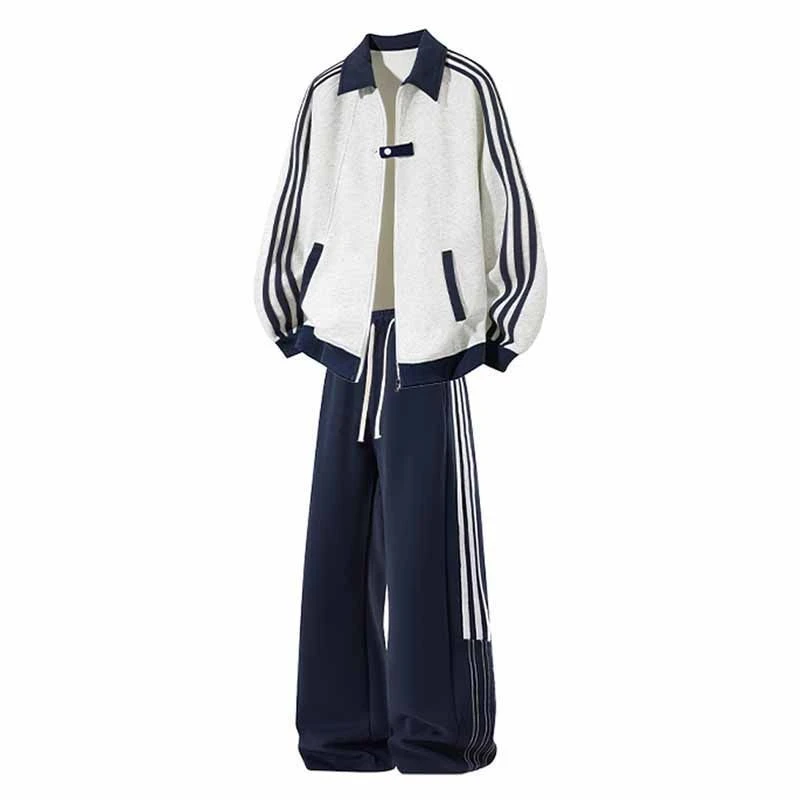 爱依服美式休闲运动套装男生秋季新款拼接条纹棒球服外套酷帅穿搭