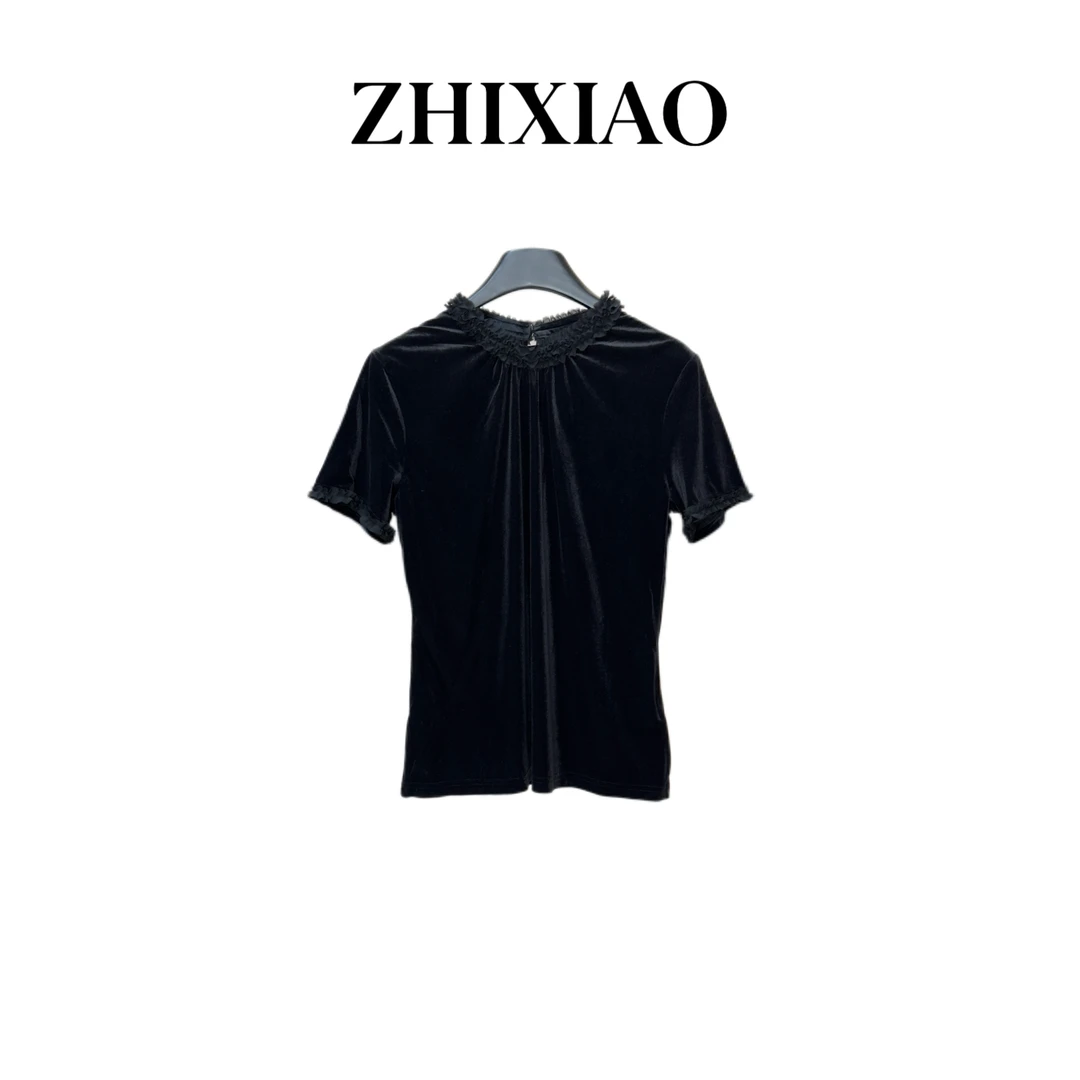 【ZHIXIAO】夏季新款：花领丝绒短袖24223
