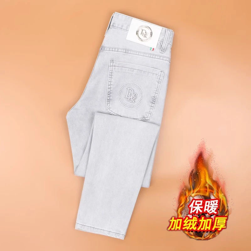 高端保暖浅色牛仔裤男士修身小脚九分裤加厚加绒潮流小个子休闲裤