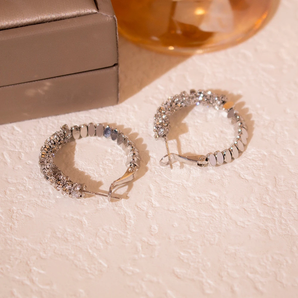 铜合金锆石耳饰 真金电镀碎银子圈圈耳扣欧美风小众独特简约耳环