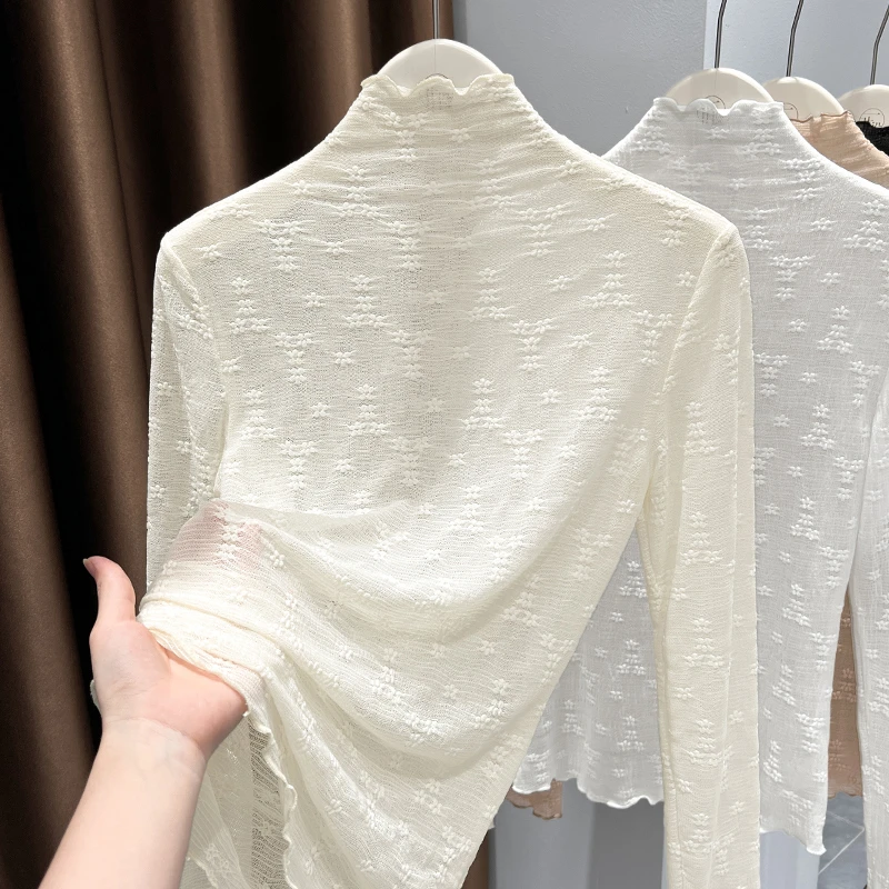 木耳边半高领长袖套头打底上衣女2025秋冬新款杏色百搭网纱蕾丝衫