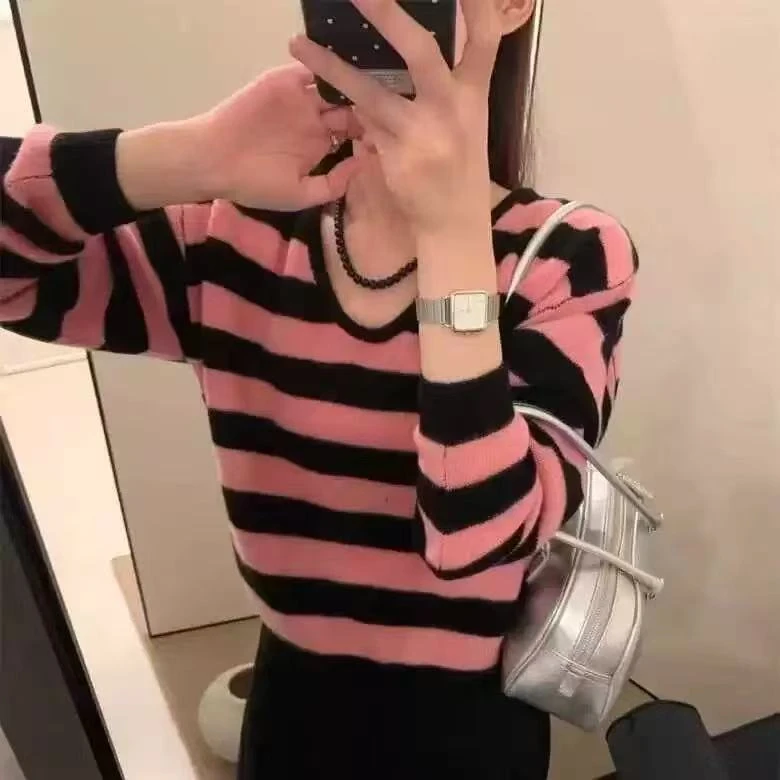 薄款条纹休闲风拼接秋冬毛针织衫显瘦圆领开衫时尚