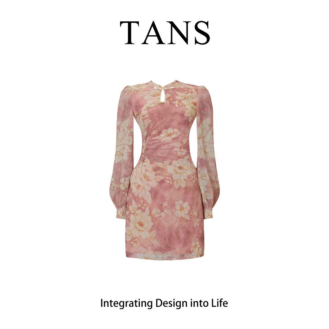 现货 TANS【秋季新品】新中式国风温柔高级感粉色花卉连衣裙连衣裙