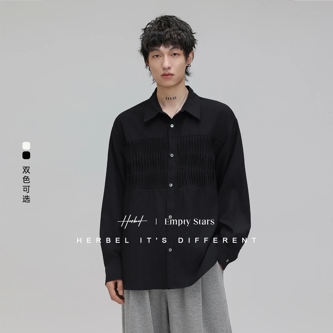 HERBEL/黑白秋季新款褶皱时尚设计双色长袖衬衫百搭宽松痞帅