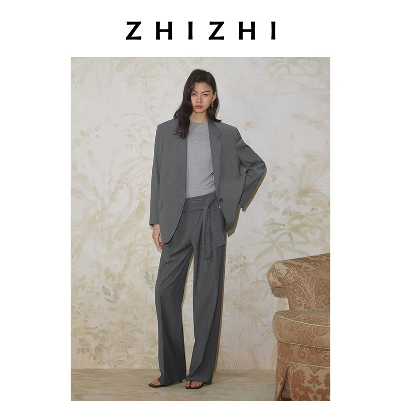 致知 子夜 极简阔腿羊毛长裤女2025春新款气质通勤裤ZZ2ESWK3008