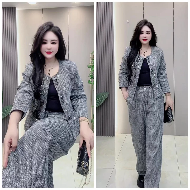 胖mm大码女装秋季新款时尚休闲气质显瘦小香风外套阔腿裤两件套装