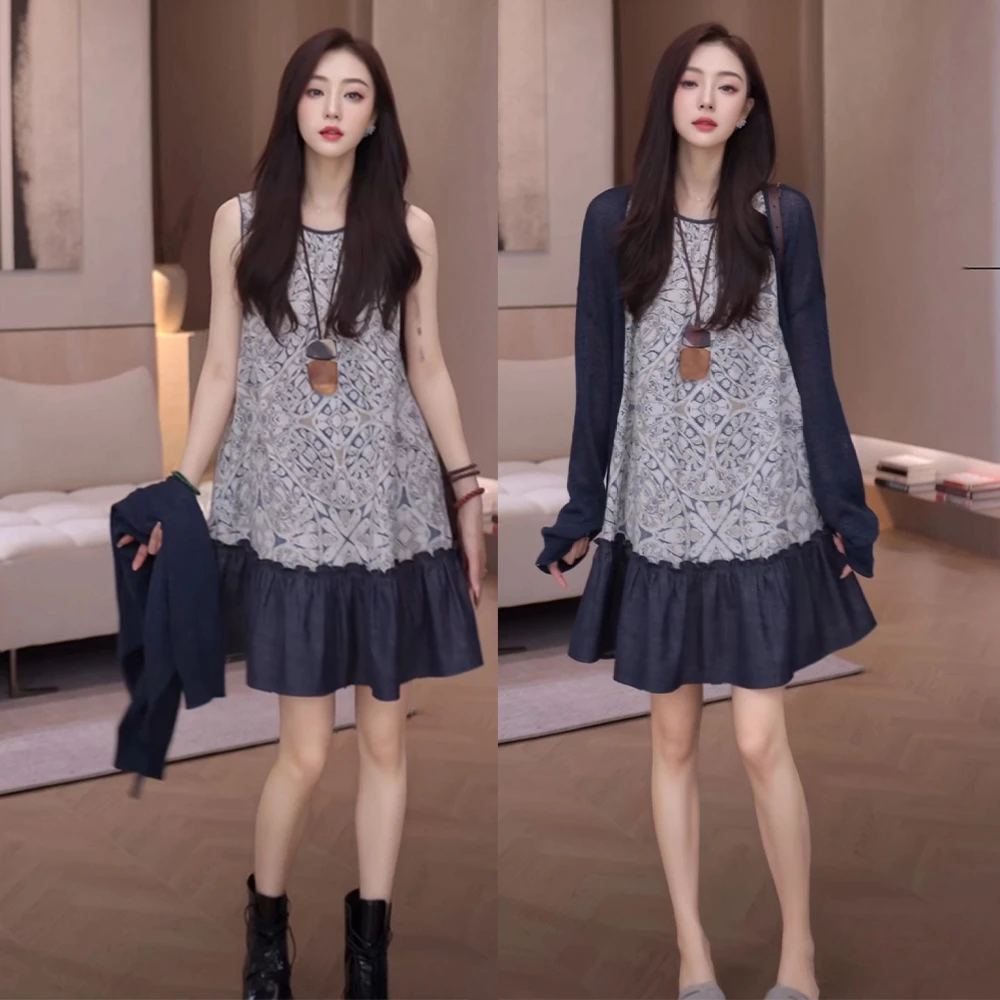 夏季新款气质复古新中式国风印花无袖连衣裙针织开衫防晒衫上衣女