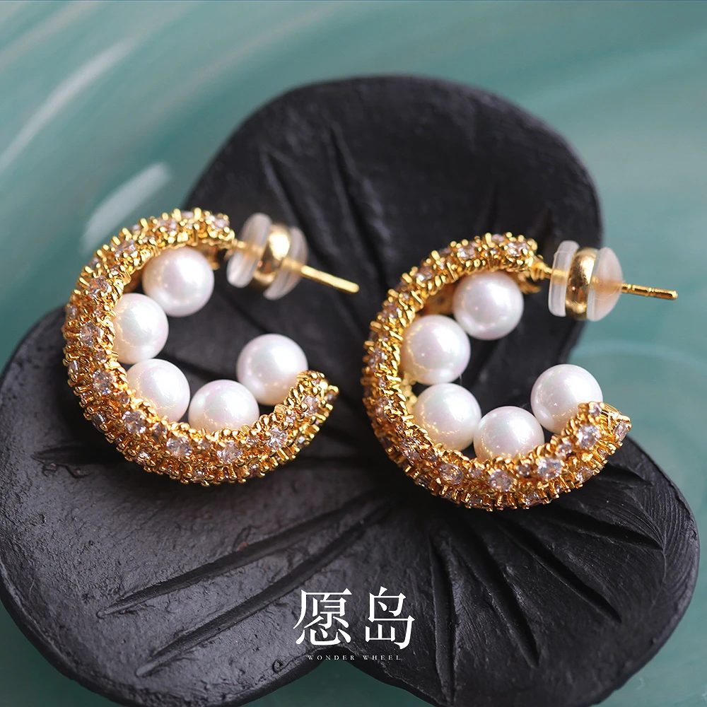 愿岛 黄铜合成锆石耳饰 法式气质个性时尚密镶锆石C形耳圈EH2550