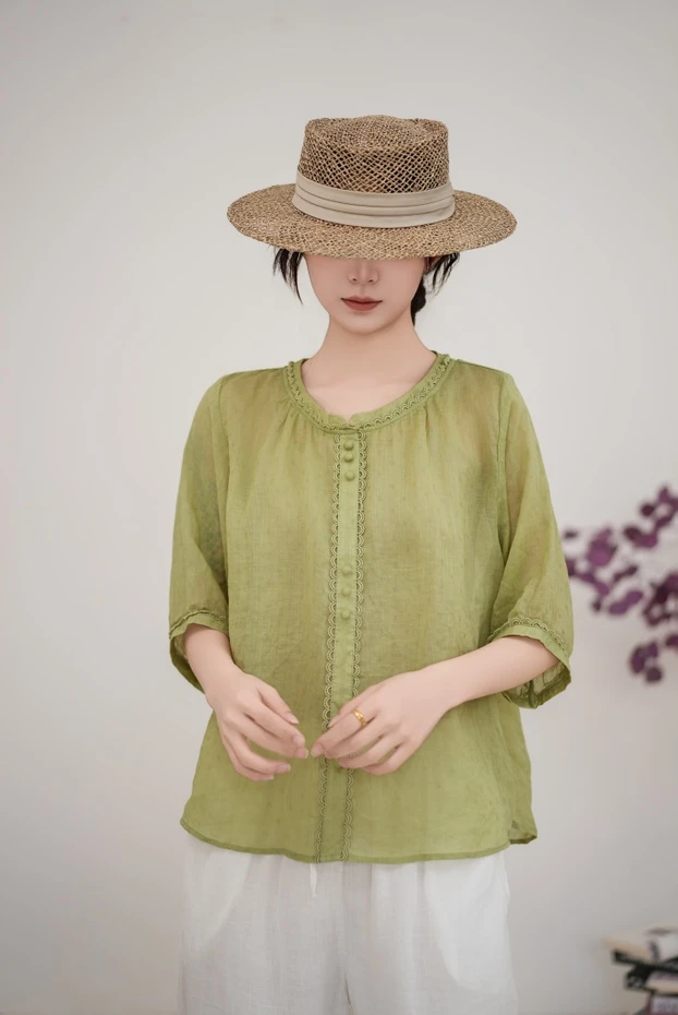 100%苎麻2025高级新中式小衫夏季轻薄凉感上衣百搭圆领宽松