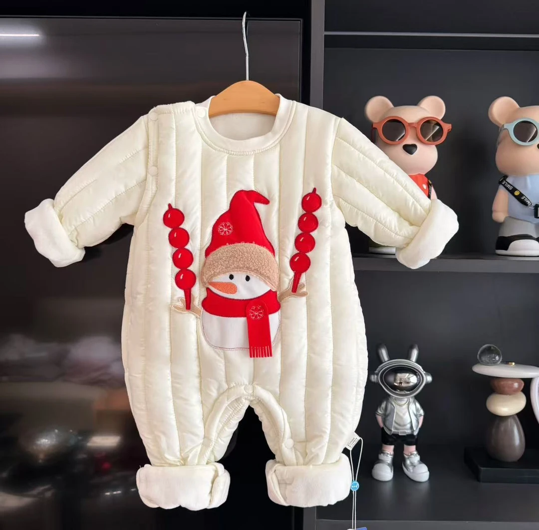 竖条纹偏襟婴儿连体衣秋冬款可爱宝宝哈衣外穿儿爬爬服