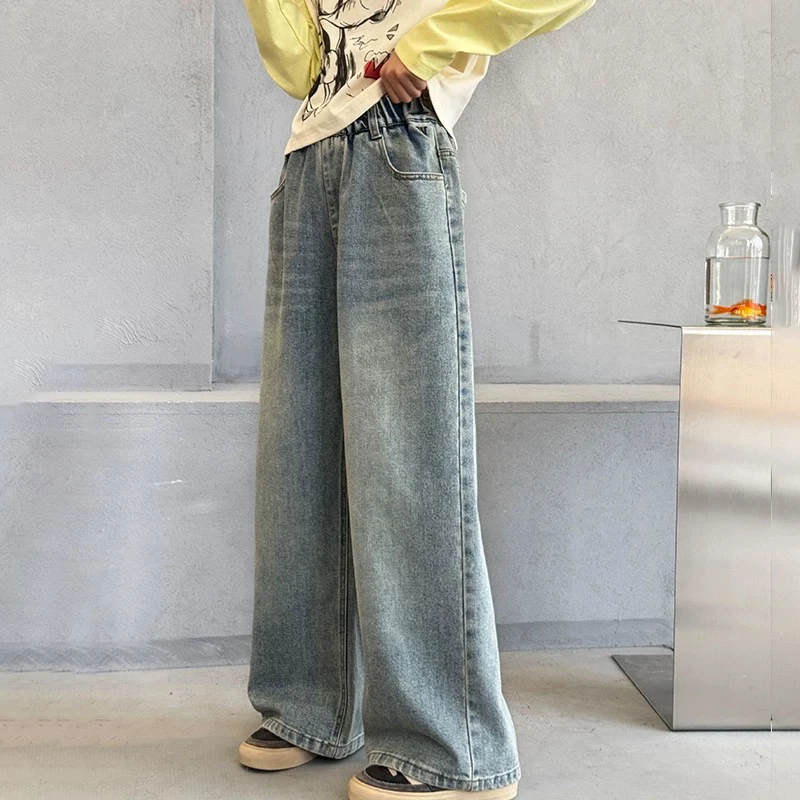 女童牛仔裤春秋款2025新款儿童裤子秋季直筒裤儿童洋气宽松阔腿裤