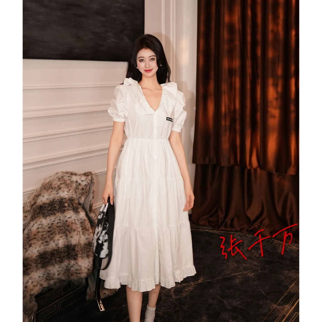 ZZFY STUDIO 花边饰V领泡泡袖连衣裙 24LYQ441805W