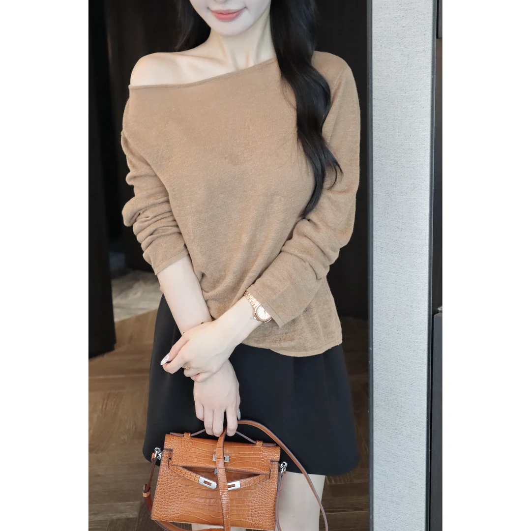 【BAGALIO】【燕麦玛奇朵】亚麻一字领韩版气质休闲上衣 4197