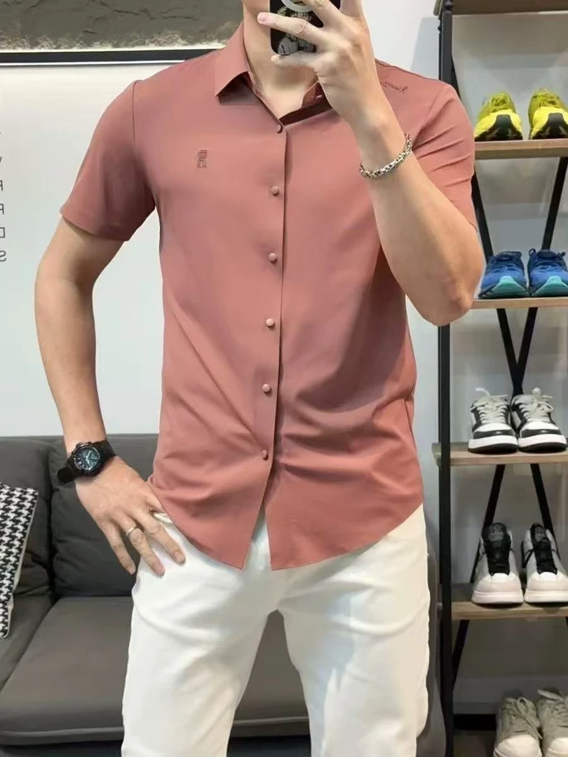 （大饼在北漂）短袖夏季衬衫领商务休闲衬衣纯色男士轻奢简约修身