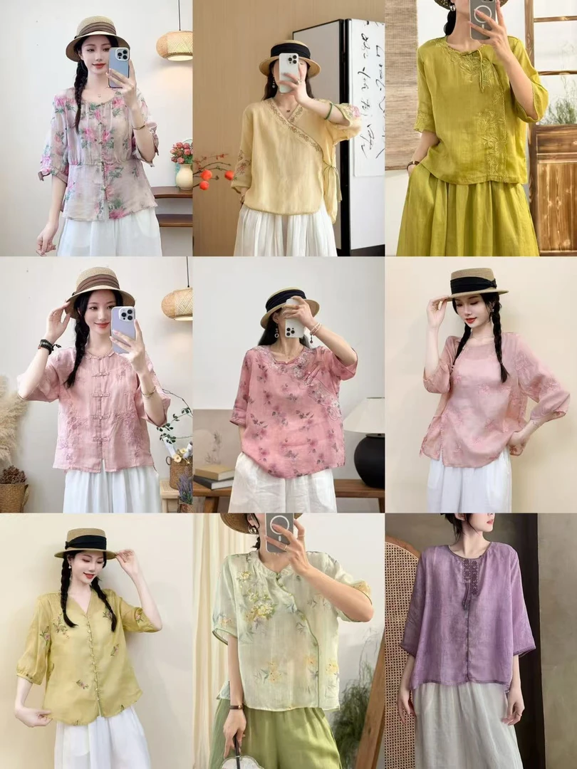 《初雪》2025-6-27新款夏季款时尚气质苎麻刺绣上衣编号1-100