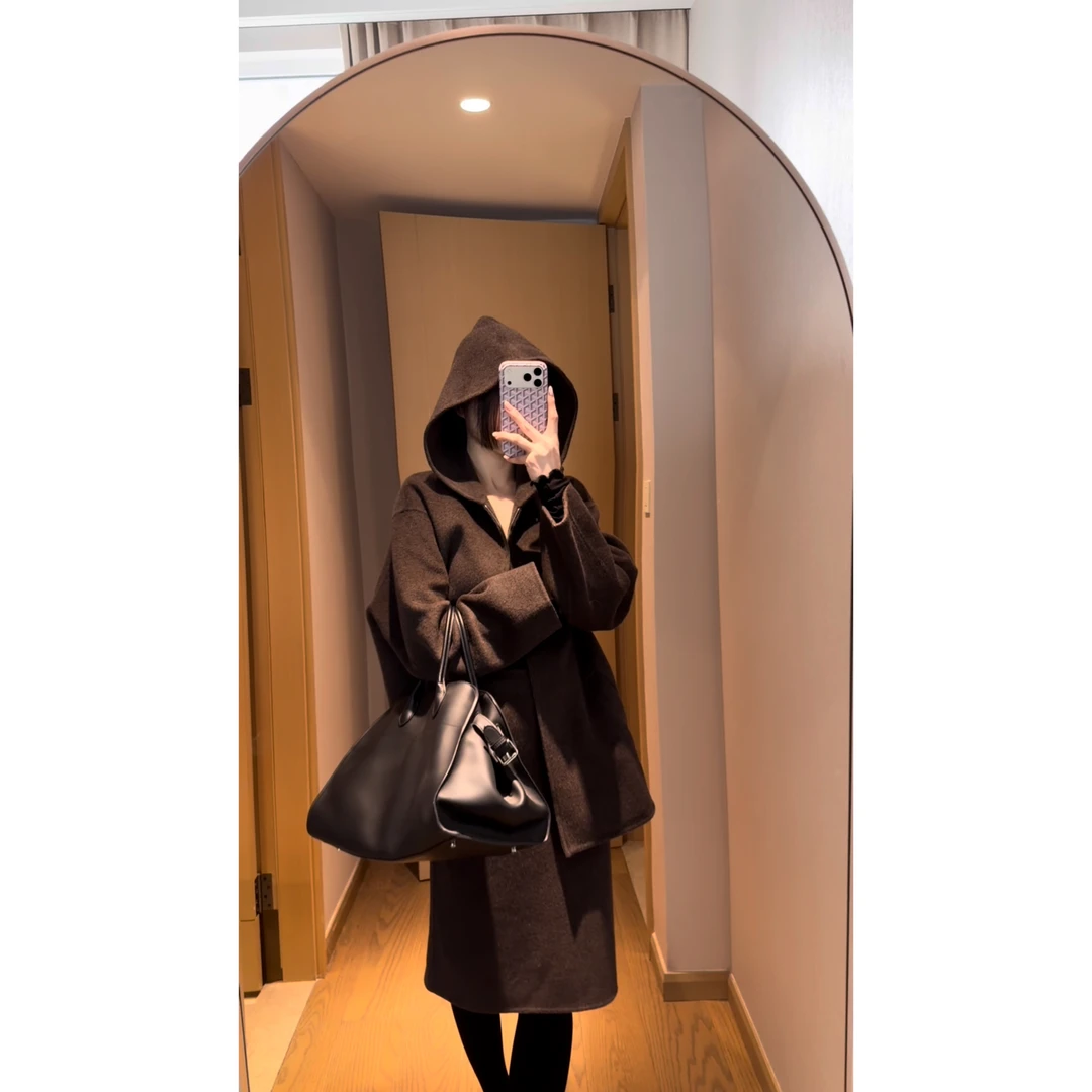 【肉桂】双面羊毛连帽外套羊毛半身裙套装