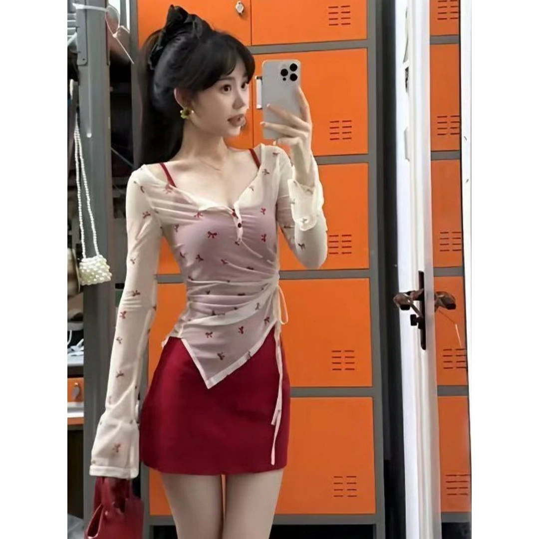 纯欲辣妹套装显瘦红色吊带连衣裙女夏季长袖不规则晒罩衫两件套