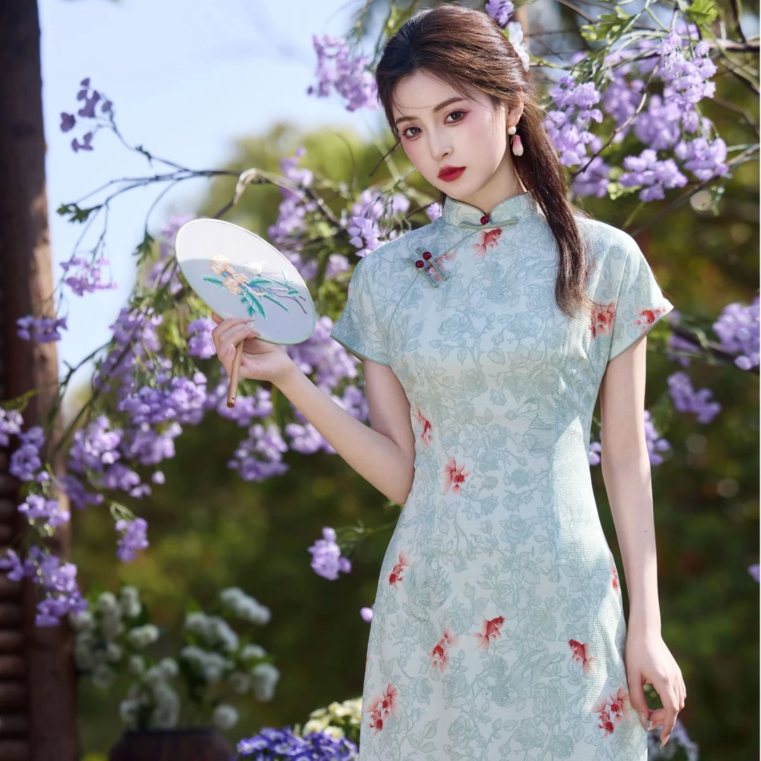 【青未了】2025夏季新款肌理绉双层中国风改良送考锦鲤旗袍 衣长115