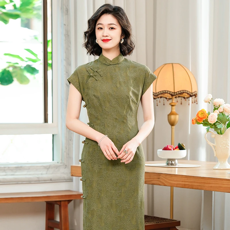 棉麻妈妈旗袍夏季2025年新款复古中国风全开襟提花日常改良25023