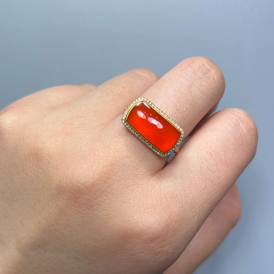 南红玛瑙冰红戒指河湾18K金镶嵌