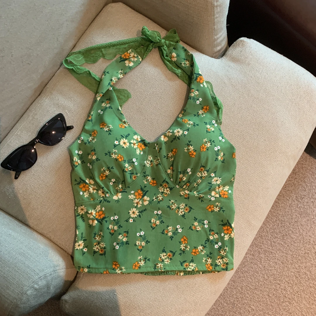 时尚甜辣妹带胸垫碎花系带挂脖背心女气质百搭露背设计感修身上衣