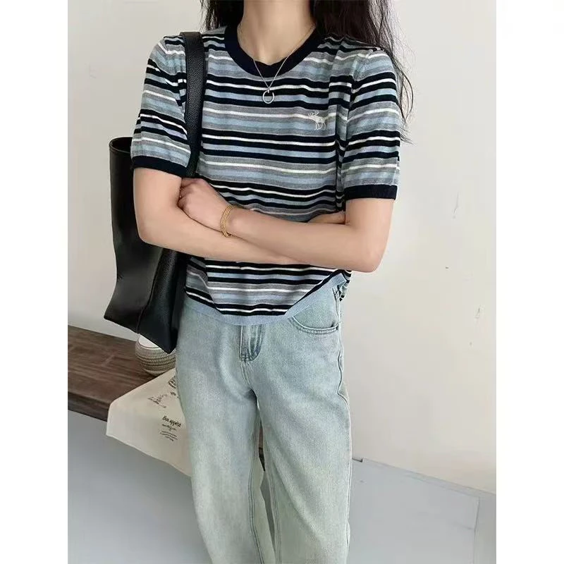 条纹打底衫2025新款女春秋设计感小众内搭短袖t恤9599