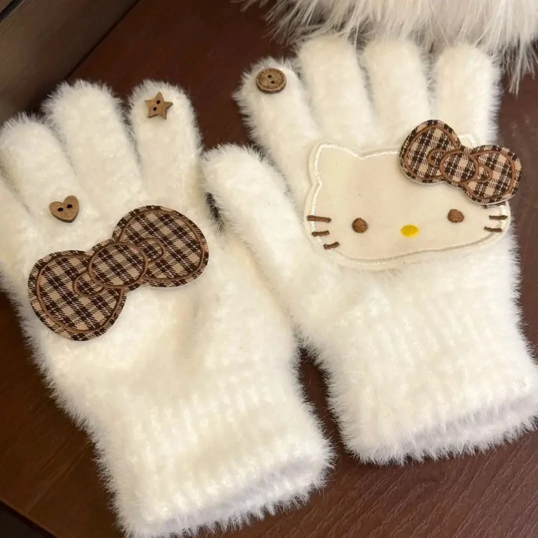 新款可爱棕色格子蝴蝶结女秋冬季保暖学生户外手套复古kitty手套