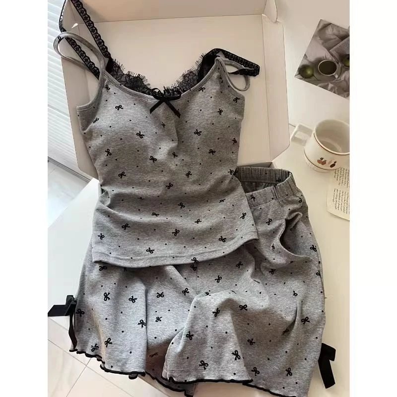夏季新款吊带蕾丝花边睡衣女背心带胸垫一体蝴蝶结甜美家居服套装