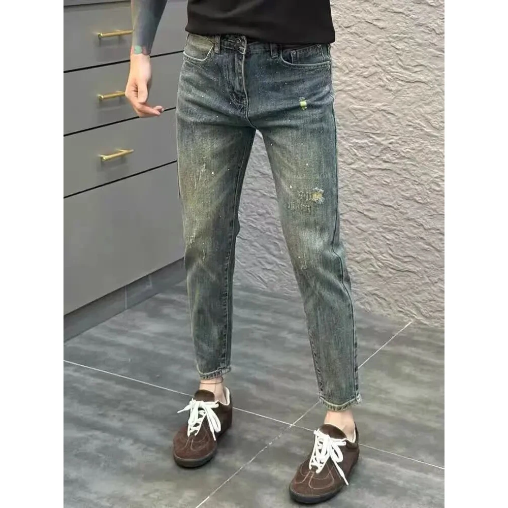 高端刮烂复古牛仔裤男修身小脚2025春夏季新款个性烫钻弹力九分裤