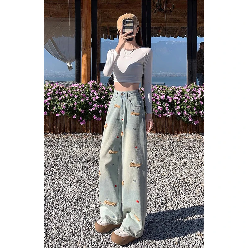 【新款腊肠狗】显瘦窄版阔腿牛仔裤女高腰宽松拖地直筒裤休闲百搭