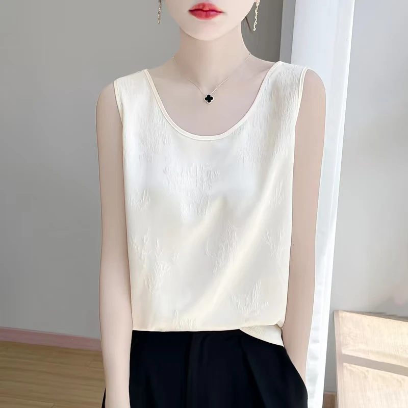 高级感提花缎面无袖吊带背心女夏季新款圆领西装内搭无袖T恤打底