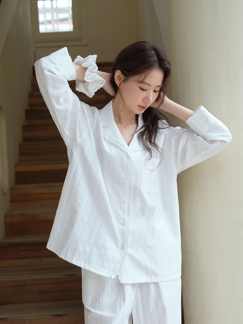 韩系唯美白色纯棉花边睡衣春秋高级感长袖长裤女士家居服套装