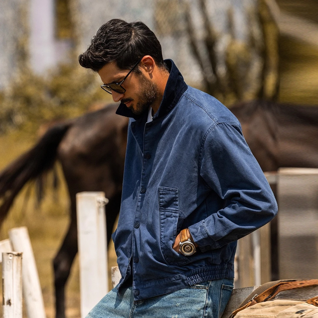 美式复古法工蓝重磅珠帆底特律工装夹克男秋冬潮牌宽松巴恩风外套