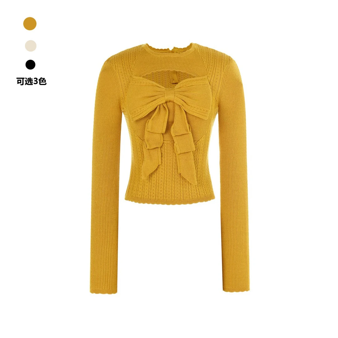 【CG-Y】秋季新款时尚绵羊毛立体纹花修身蝴蝶结装饰针织上衣