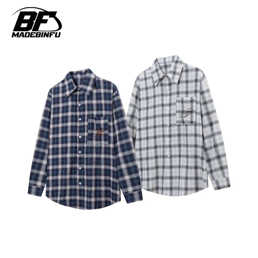 BINFU 国潮原创 春夏新款复古风 男女同款格子宽松慵懒风长袖衬衫