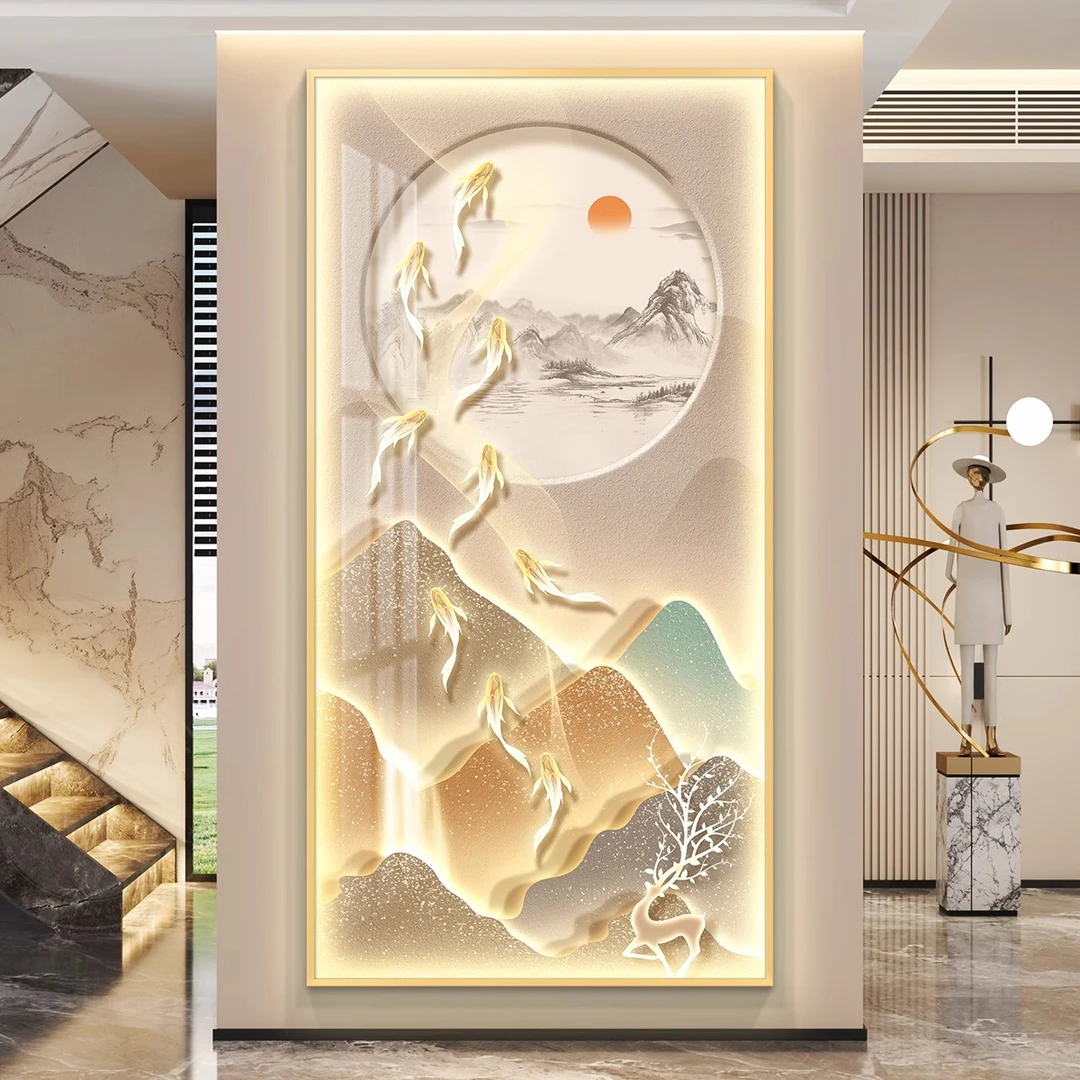 九鱼图轻奢led灯入户玄关装饰画走廊过道挂画壁画简约现简约高级