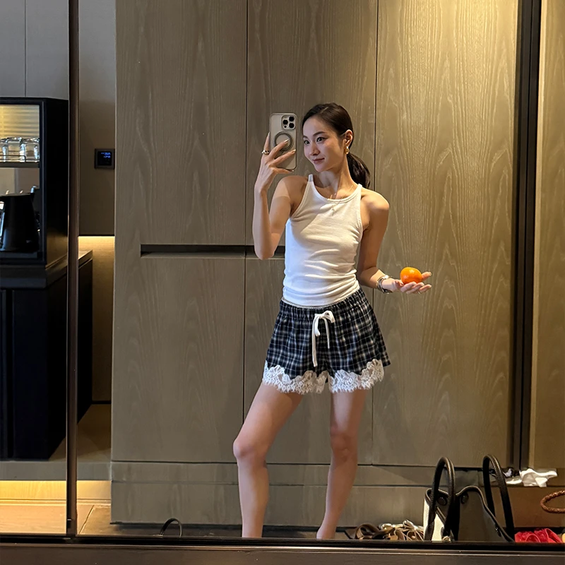 KEEP KAPU靠谱【苏格兰小调】蕾丝拼接夏日松紧腰格子短裤KP250369