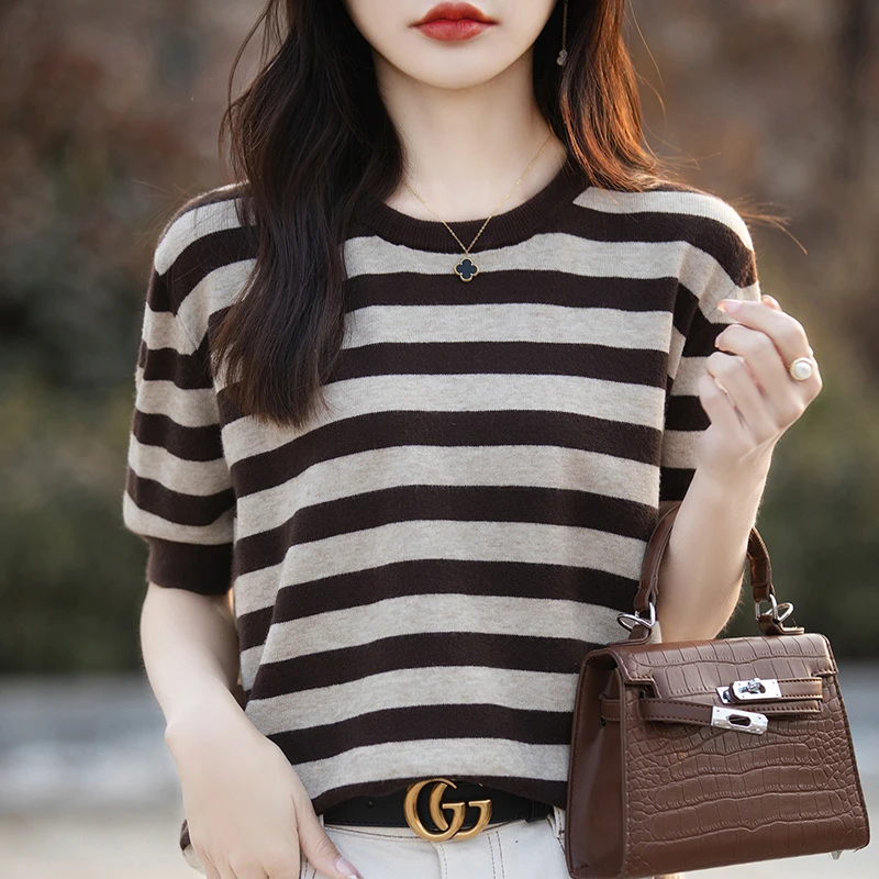 哥弟阿玛施正品夏季短袖T恤打底衫装薄款宽松显瘦条纹休闲针织衫